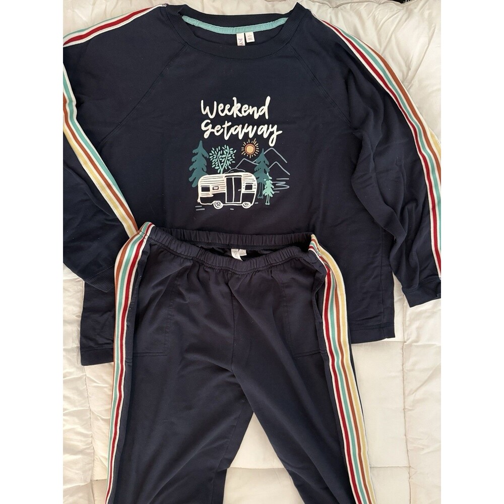Joy Women's Striped Graphic Pajama Set Navy Multicolor Long Sleeve L (12-14)